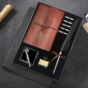 Quill Pen and Ink Set, Antique Feather Dip Calligraphy Pen Set, including Feather Pen, 5 Replacement Nibs, Pen Nib Base, Notebook, Ink, Gift Box, Best Gifts for Men Dad (Black)