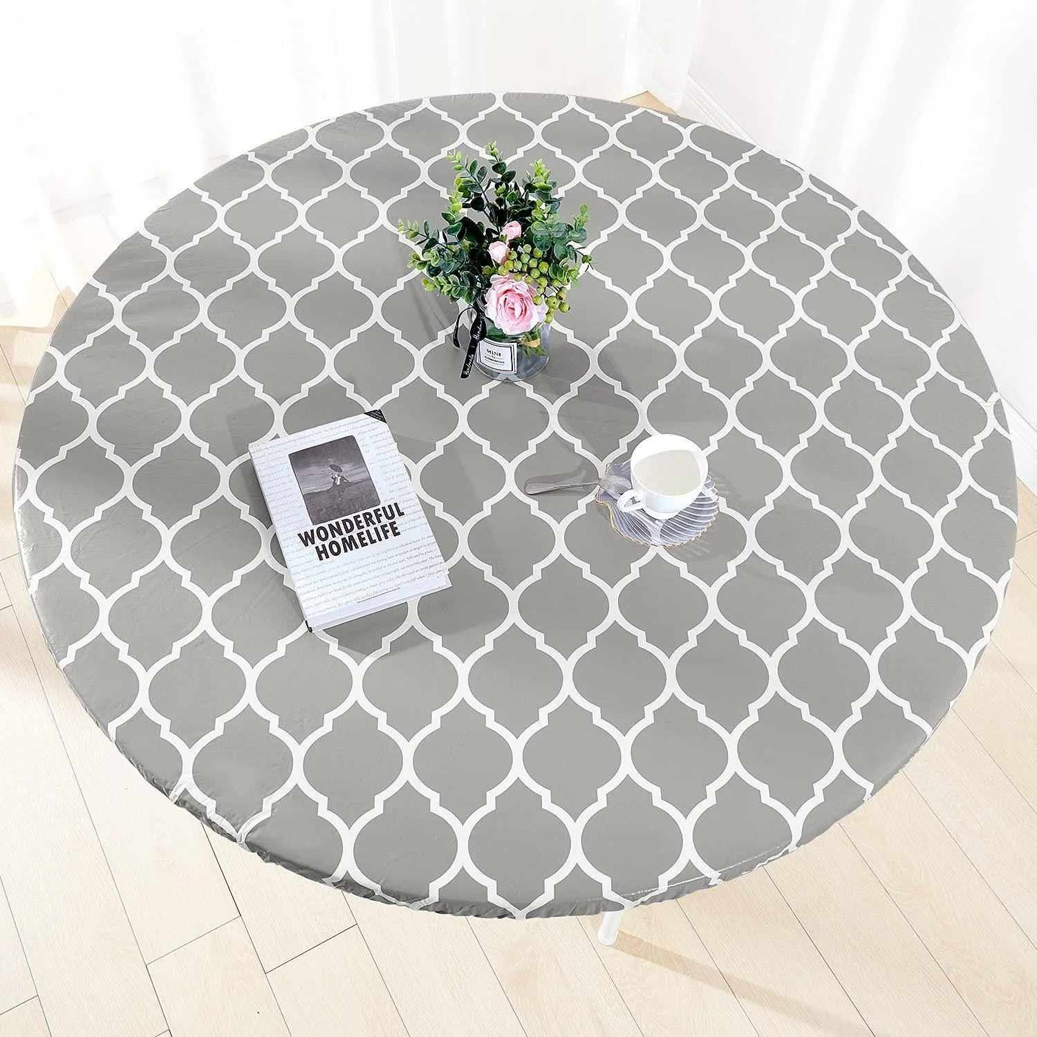 Zhuqing Round Fitted Tablecloth with Elastic, Vinyl Picnic Table Cover Waterproof with Flannel Backed, for Camping Outdoor, for 40" to 44" Round Table, Gray Moroccan