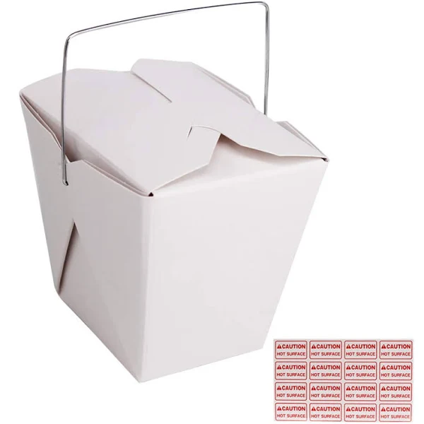 50 Pack (16 oz 1 Pint) Chinese Take Out Food Boxes with Metal Wire Handle & 4 Pack(64 Pcs) Labels, Paper Take Out Food Containers For Hot Or Cold Food