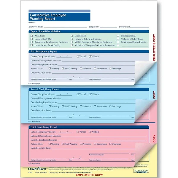 ComplyRight Consecutive Employee Warning Report 4 Part 50pk