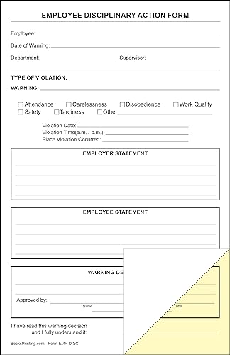 Becks Printing Employee Disciplinary Action Forms 2 Part Carbonless Paper - P...