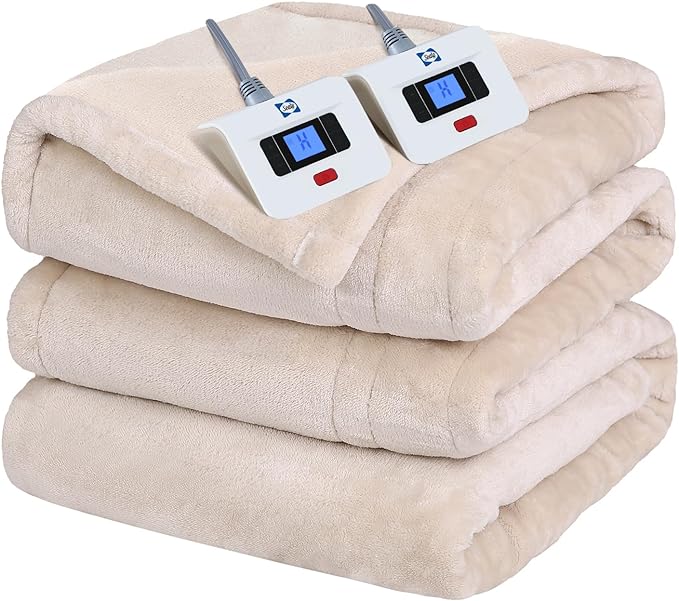 SEALY Electric Blanket Queen Size, Flannel Heated Blanket with 10 Heating Levels & 1-12 Hours Auto Shut Off, Fast Heating Warm Blanket, Machine Washable, Beige, 84 x 90 Inch