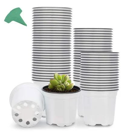 GROWNEER 60 Packs 4 Inch Plastic Plant Nursery Pots with 15 Pcs Plant Labels, Seed Starting Planting Pot Flower Plant Container for Succulents, Seedlings, Cuttings, Transplanting, White