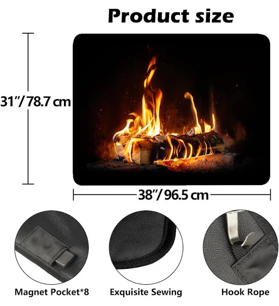 Magnetic Fireplace Cover for Inside Fireplace Stops Heat Loss, Fireplace Blanket Draft Stopper for Winter & Summer, Hot & Cold Air Blocker, Flame, 38”W X 31”H Insulated Fireplace Draft Cover