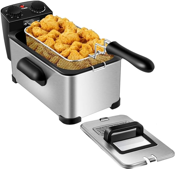 MEDIMALL Deep Fryer with Basket, 3.2QT/12Cup Electric Oil Fryer for Home Use, Small Fat Fryer w/View Window/Timer Control/Temperature Knob, 1700w Stainless Commercial Countertop Fryers for Chicken