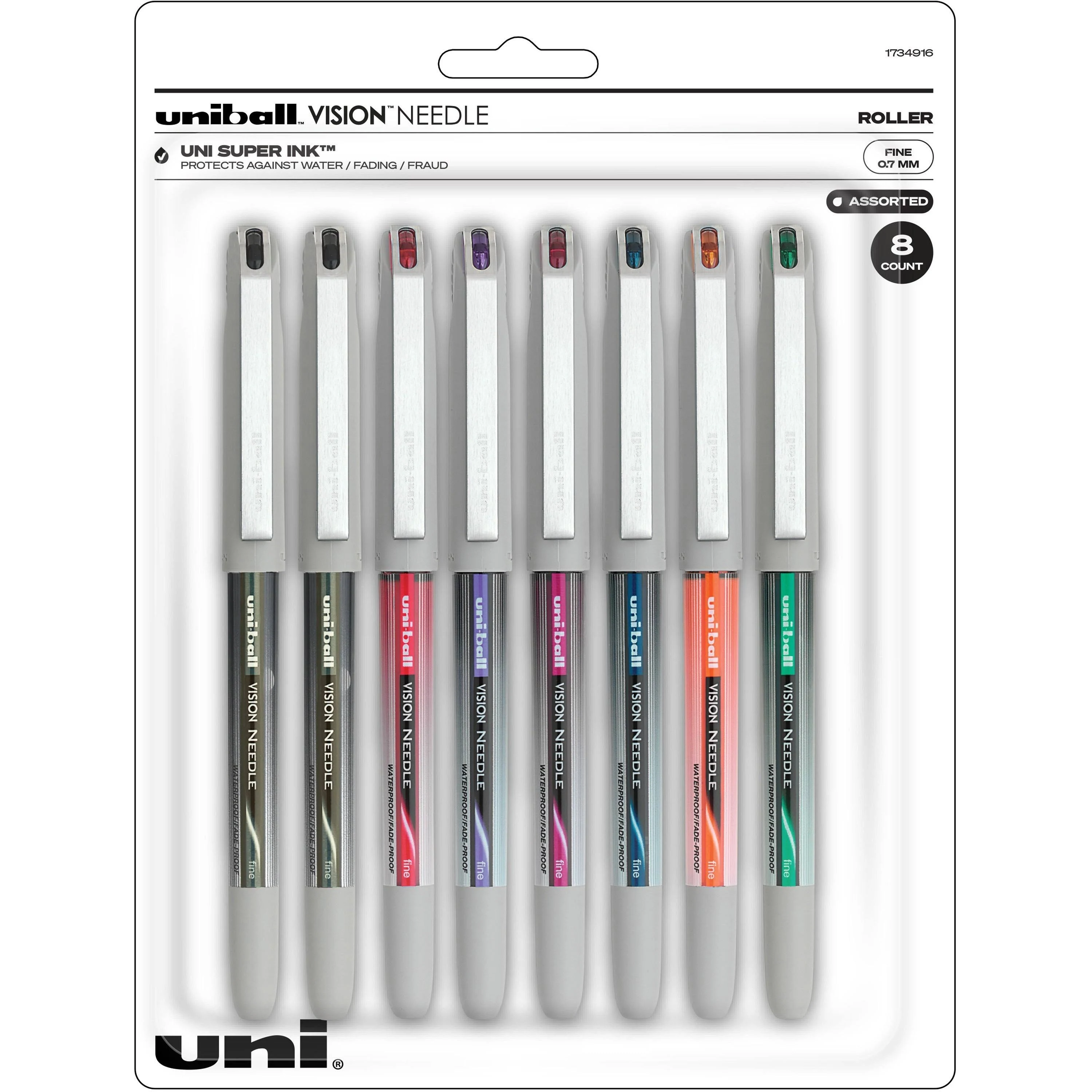 uniball VISION Needle Roller Ball Pen, Stick, Fine 0.7 mm, Assorted Ink and Barrel Colors, 8/Pack