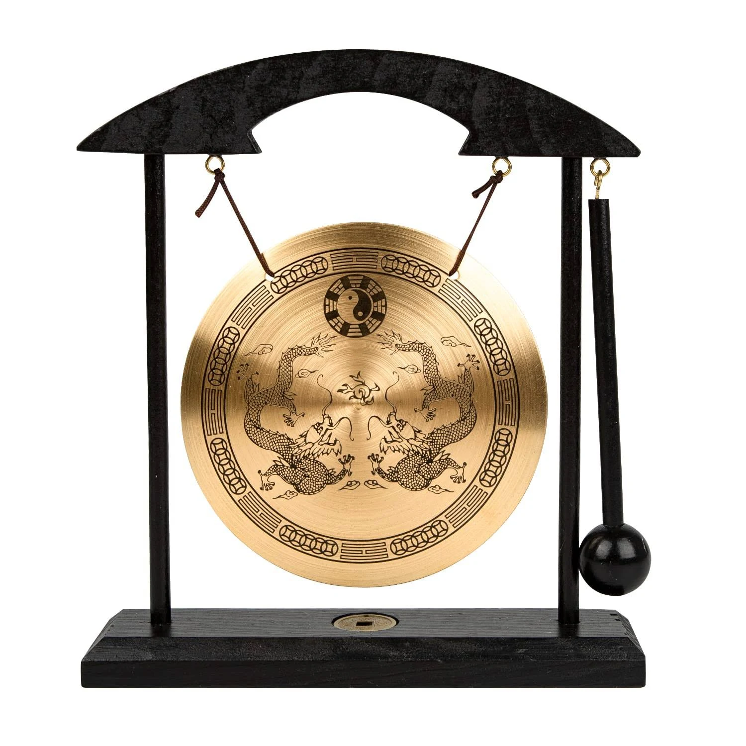 Mose Cafolo Zen Art Brass Feng Shui Desktop Table Gong Dragon with Taiji Symbols Makes Clear Sound Collectible Figurines