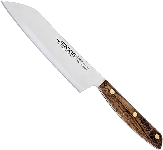 ARCOS Santoku Knife 7 Inch Stainless Steel. Japanese Kitchen Knife for Fish, Meat and Vegetables. Ovengkol Wood Handle 100% natural FSC and 190mm Blade. Series Nordika