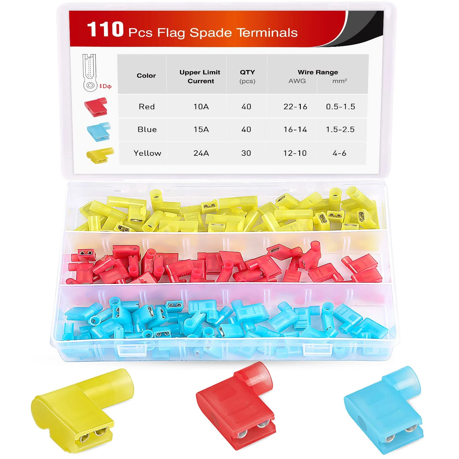 Nilight 50047R 110pcs Nylon Flag Spade Female Insulated Quick Disconnects 22-18 ...