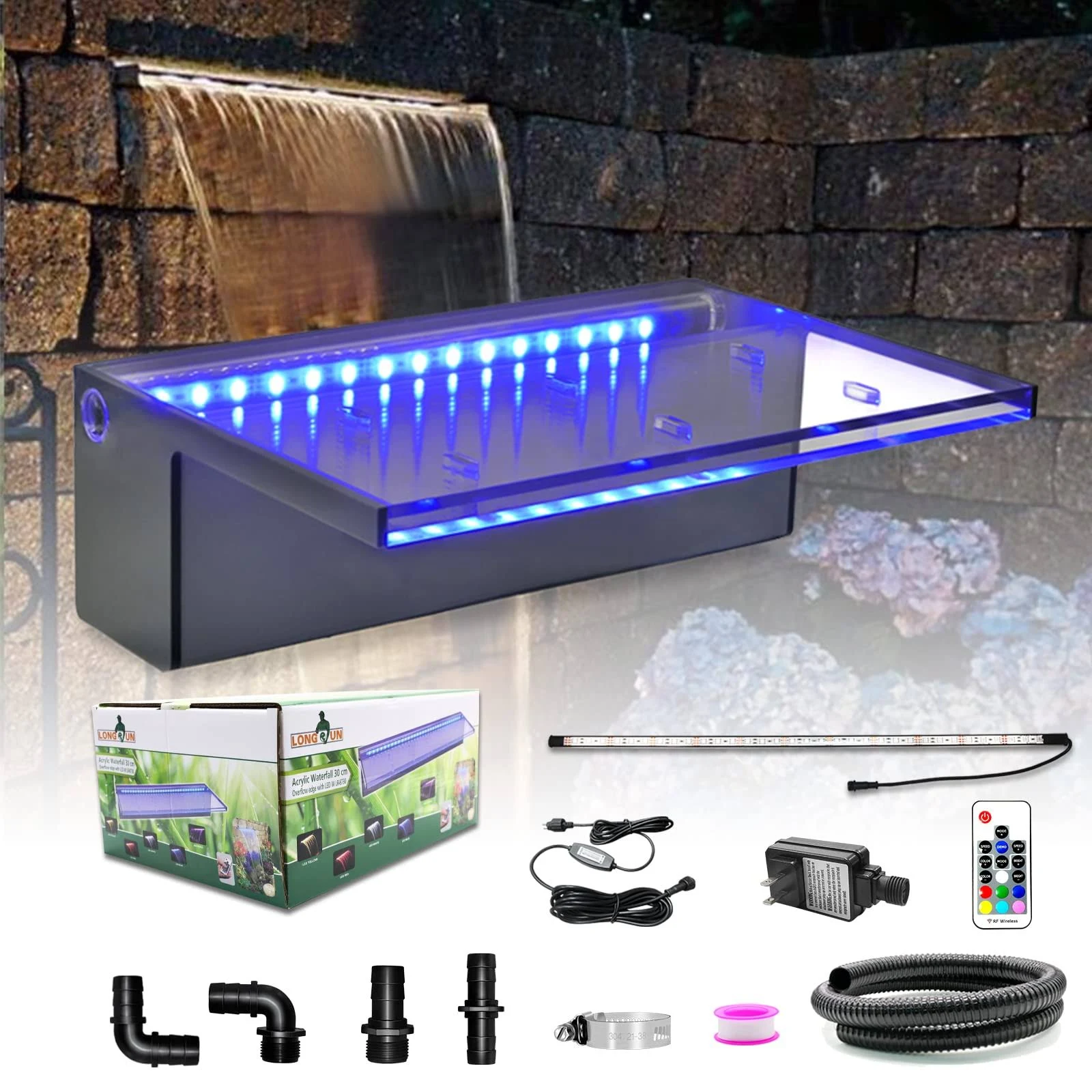 LONGRUN Waterfall Spillway APP Control Multi-Color LED Light Outdoor Pool Fou...