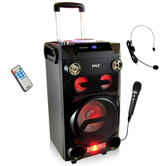 Pyle Outdoor Portable Wireless Bluetooth Karaoke Pa Loud Speaker - 8'' Subwoofer Sound System with DJ Lights, Rechargeable Battery, FM Radio, USB