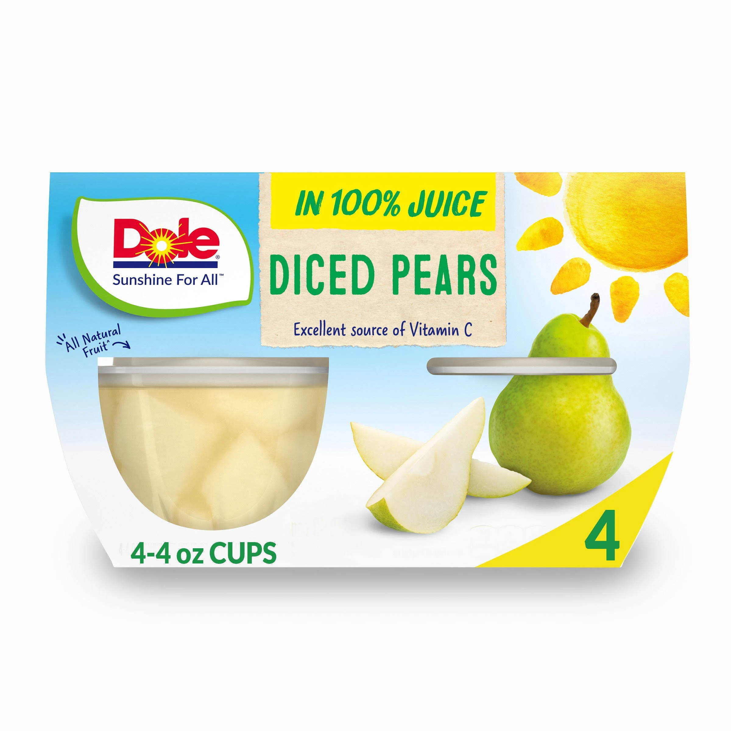 Dole Pears, Diced - 4 pack, 4 oz cups