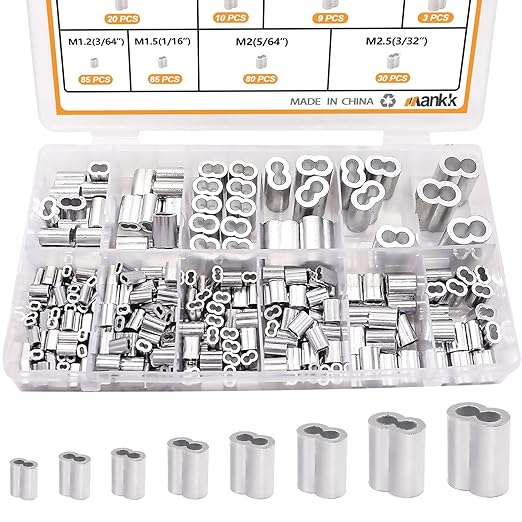 mankk 320 Pcs Aluminum Crimping Loop Sleeve 8 Sizes (3/64'' 1/16'' 5/64'' 3/32'' 1/8'' 5/32'' 3/16'' 1/4'') Wire Rope Sleeves Double Cable Ferrules Kit M-109-320