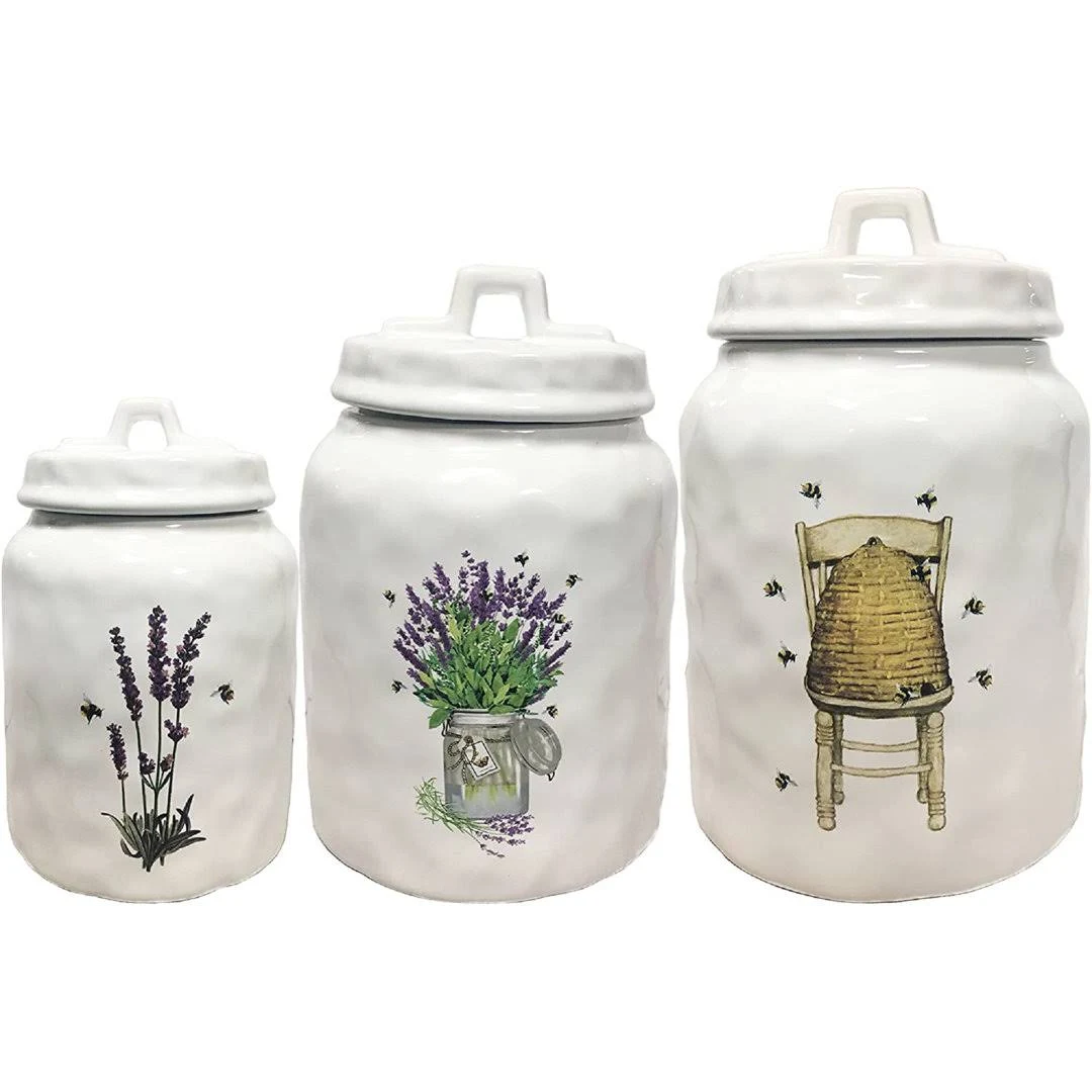 First of A Kind - Set of 3 Stoneware Canisters with Beehive, Lavender, and Bees - Decorative Kitchen Canister Sets - Ceramic Food Canister Jars for