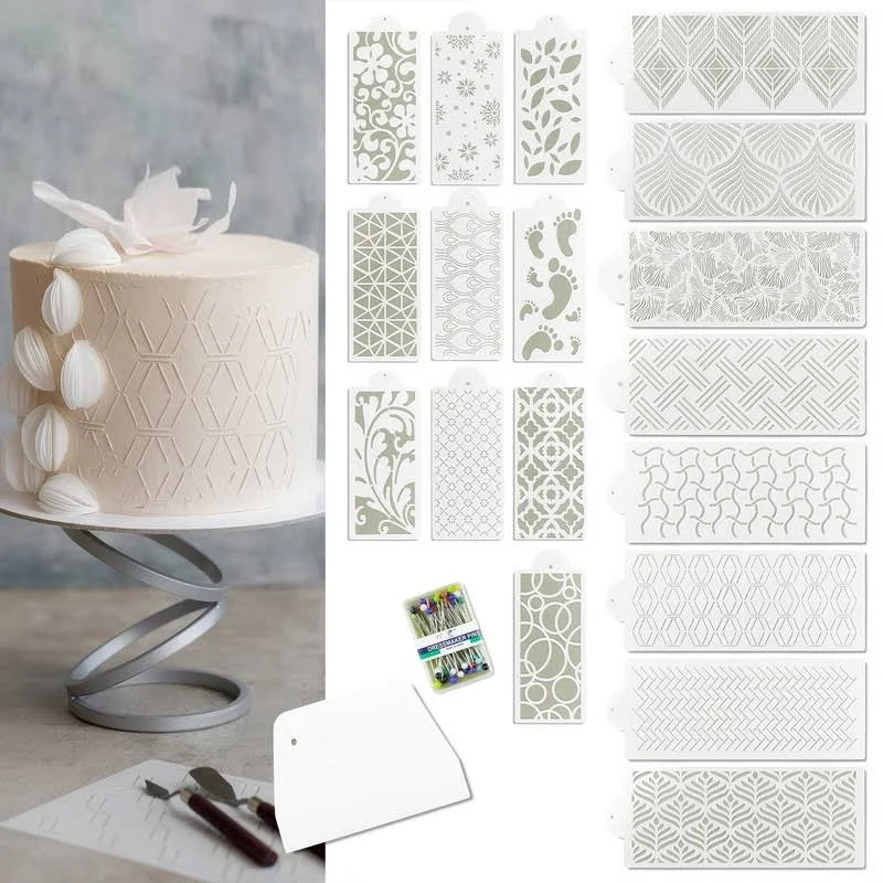 18 PCS Cake Stencils Set - Templates with Scraper and 50 Pins for Decorating ...