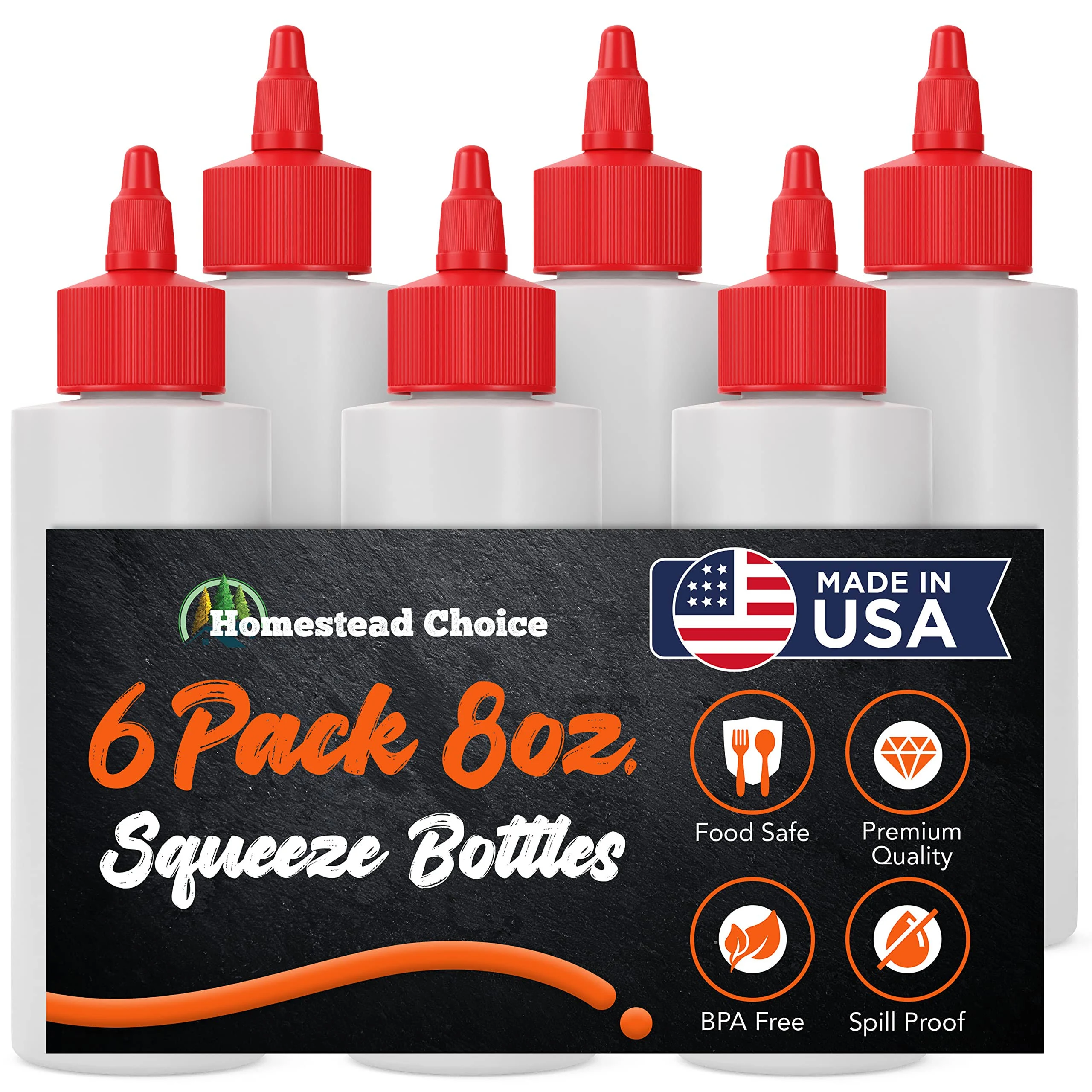 Homestead Choice 6-Pack 8-Ounce Plastic Squeeze Condiment Bottles with Red Twist-Cap (Set