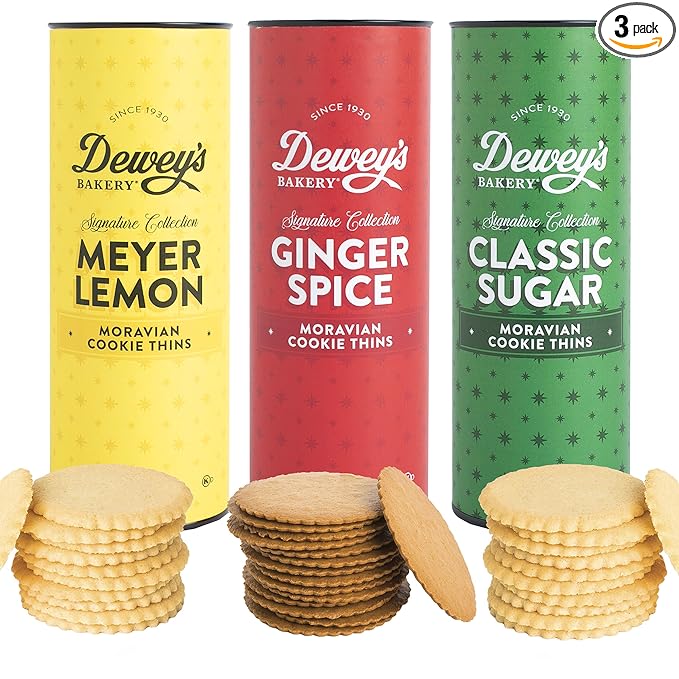 Moravian Cookie Gift Tube Collection by Dewey's Bakery | Classic Sugar, Tripple Ginger & Meyer Lemon Moravian Cookie Thins | Gift Basket, Bakery Gifts, Graduation | (Pack of 3)