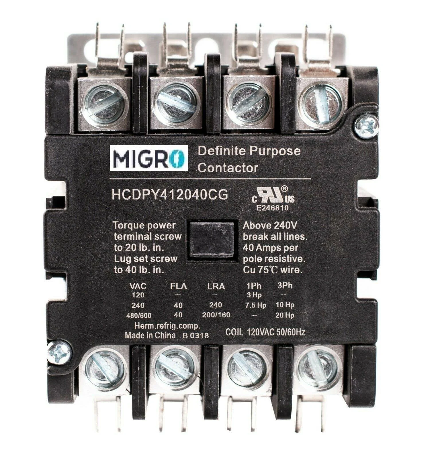 5y6 40 AMP DEFINITE PURPOSE CONTACTOR 4 Pole 120V Lighting Heating Refrigeration 1225 Sound