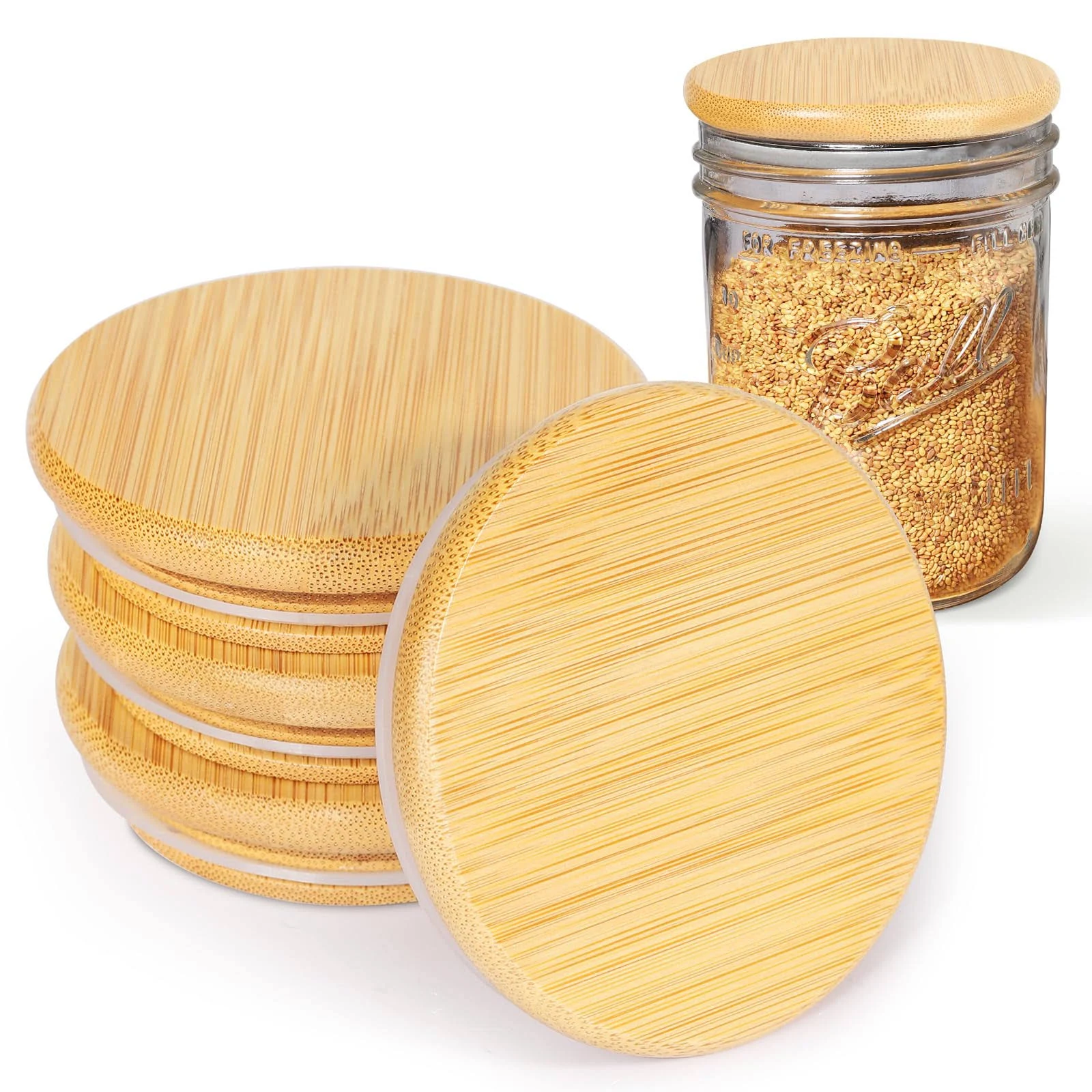 4 Pack Wide Mouth Bamboo Mason Jar Lids, Wooden Ball Jar Lids with Airtight Silicone Seal, Perfect for Dry food Storage.