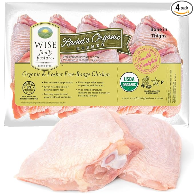 Wise Organic Double Certified Organic Bone-in Skin-on Chicken Thighs, Glatt Kosher, Non GMO, Free Range (8.75-9.25 Pounds, 20 Pcs Approx.)