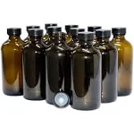 Bottles 8 ounce Amber Boston Round with Black Poly Cone Cap Set of 12 Containers