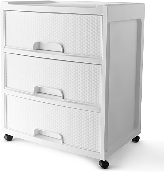 Arctic White Rolling Plastic Storage Cart 3 Drawer Wide Organizer Utility Cart