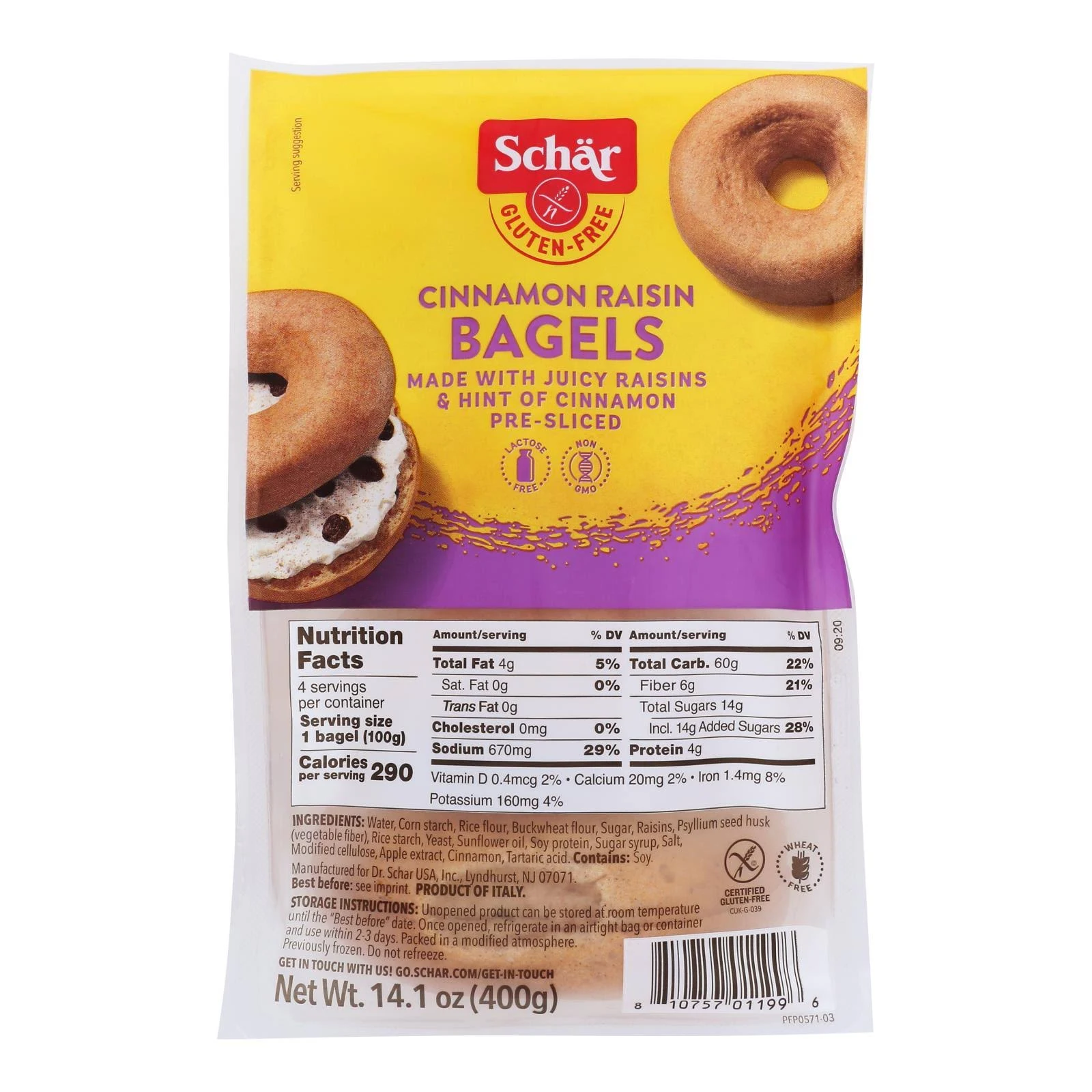 Schar Bagels, Gluten Free, Cinnamon Raisin, Pre-Sliced - 4 bagels, 14.1 oz