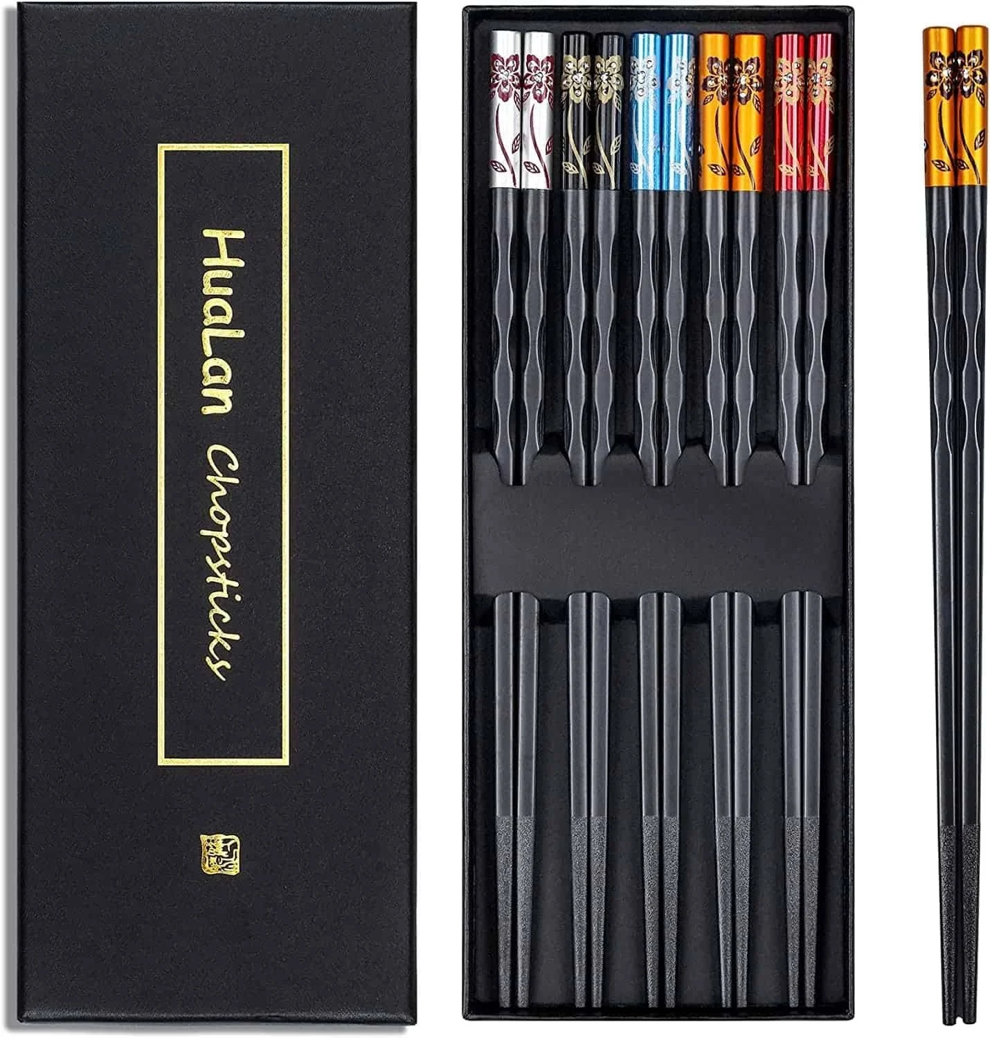 Fiberglass Chopsticks Series - Japanese Non-Slip Chopstick, Reusable Chop Sticks Dishwasher Safe, 5 Pairs, Gift Set, 9.9 Inches, Spring Flower