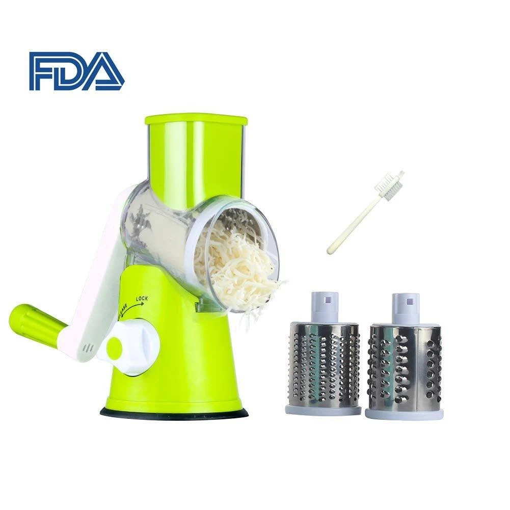 Cambom Rotary Cheese Grater Hand Crank Cheese Shredder for Fresh Cheese, Vegetable, Nuts,Non-slip Suction Base, Free Cleaning Brush Three Blades, Green