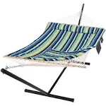 SUNCREAT Hammocks Double Cotton Rope Hammock with Polyester Pad, Heavy Duty Hammock with Steel Stand, Blue&Green