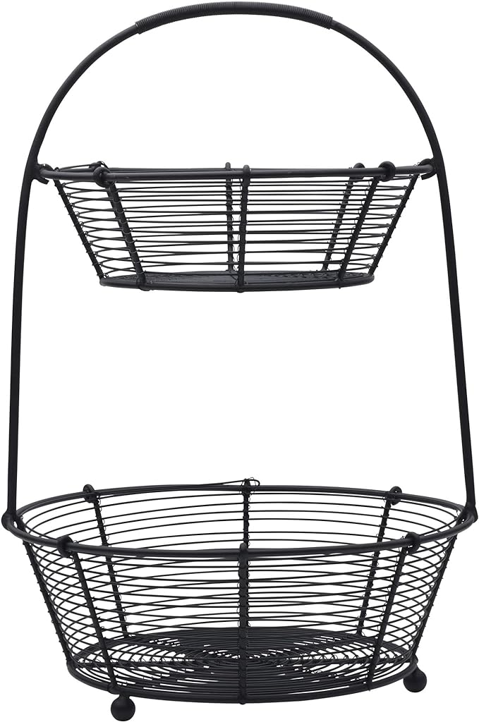 Gourmet Basics by Mikasa Loop and Lattice 2-Tier Round Metal Countertop Basket, Antique Black, 14 Inch