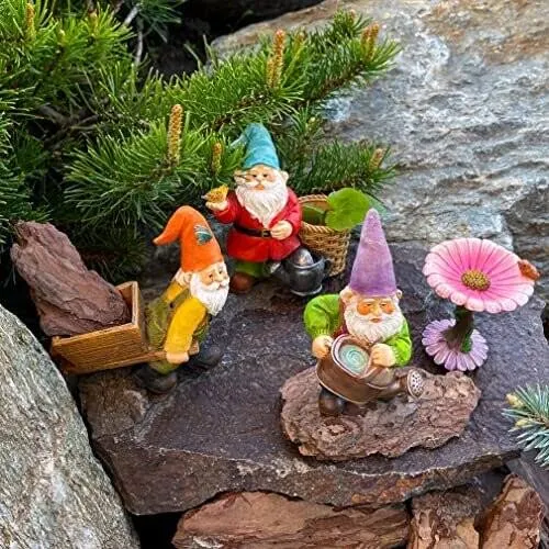 Mood Lab Miniature Gardening Gnomes Set of 4 pcs - 3,5" H Garden Gnome Figurines & Accessories Kit - Outdoor or House Decor