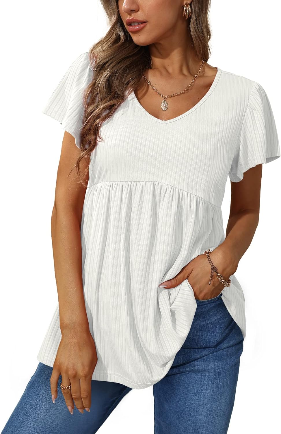 Glanzition Women Ruffle Short Sleeve V Neck Oversized Shirt Tunic Babydoll Tops