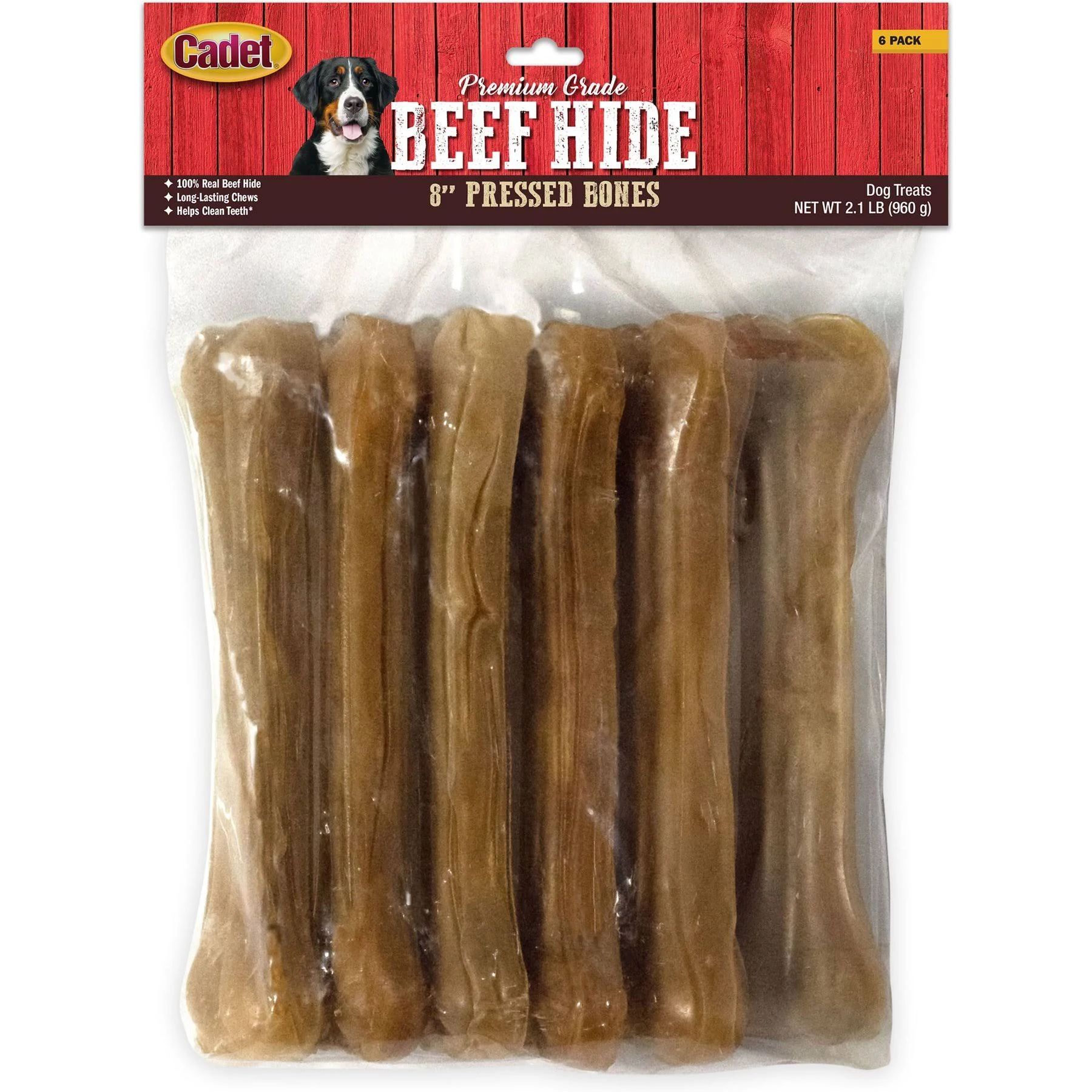 Cadet 6-Pack 8" Premium Grade Pressed Beef Hide Bones Dog Treats