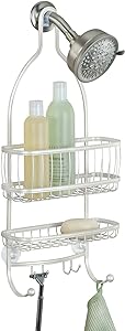 iDesign - 61974 York Metal Wire Hanging Shower Caddy, Extra Wide Space for Shampoo, Conditioner, and Soap with Hooks for Razors, Towels, and More, 10" x 4" x 22", Pearl White