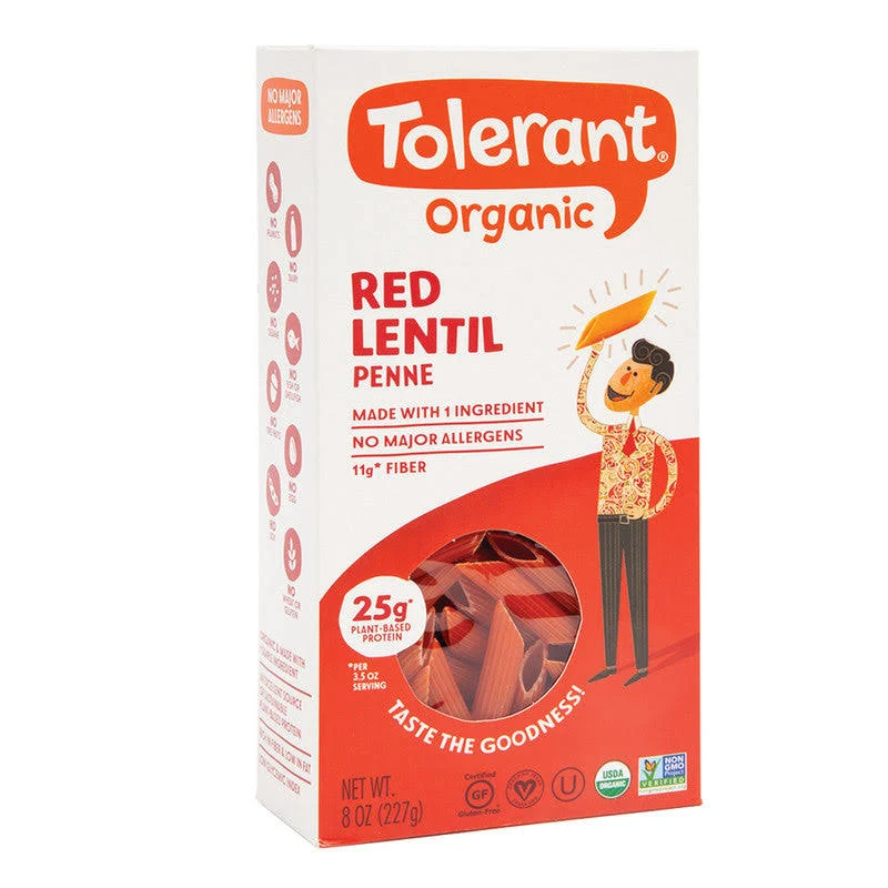 Tolerant Organic Red Lentil Penne Pasta Free from Allergens - Gluten Free, Vegan, Paleo, Plant Based Protein Pasta - Non GMO, Kosher - Made with 1 Single Ingredient, 8 oz (Pack of 6)