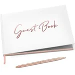 Pink/Rose Gold Guest Book with Pen & Table Sign 7x9 inches - For Wedding Reception, Bridal or Baby Shower & Birthday Parties - Gilded Pages Guestbook, Blank Left Page for Polaroids