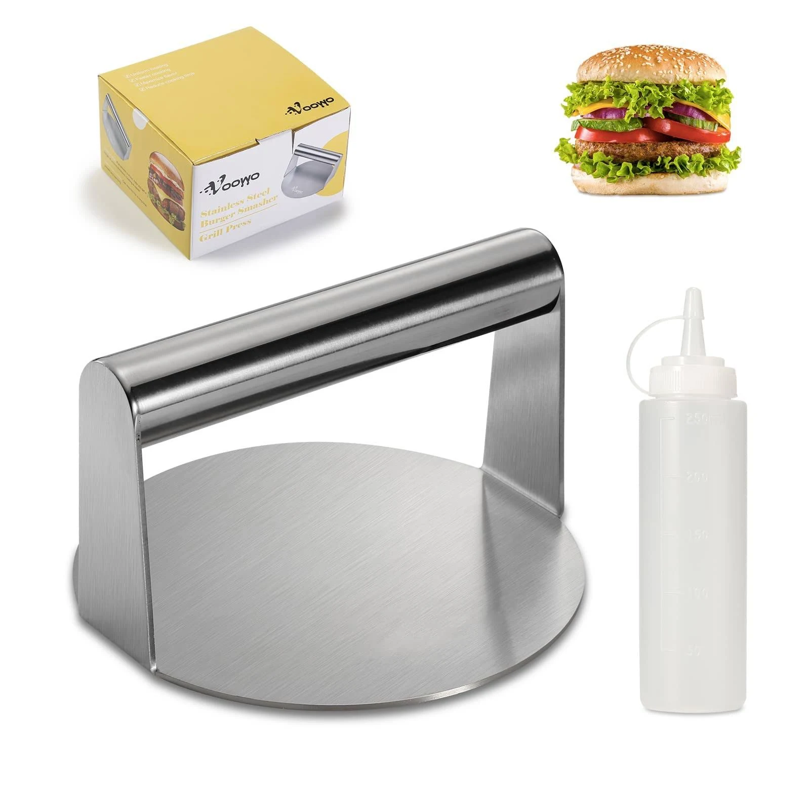 Burger Press, 5.5inch Smash Burger Press Stainless Steel Burger Smasher, Round Bacon Press with 8 oz Condiment Squeeze Bottles, Perfect for Flat Top Griddle Grill Cooking