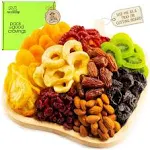 Nut Cravings Gourmet Collection, Thanksgiving Dried Fruit & Mixed Nuts Gift Basket in Reusable Wooden Apple Tray + Ribbon (9 Assortments) Food Platter