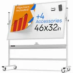 Rolling Dry Erase Board 46 x 32 - Large Portable Magnetic Whiteboard with Stand - Double Sided Easel Style Whiteboard with Wheels - Mobile Standing