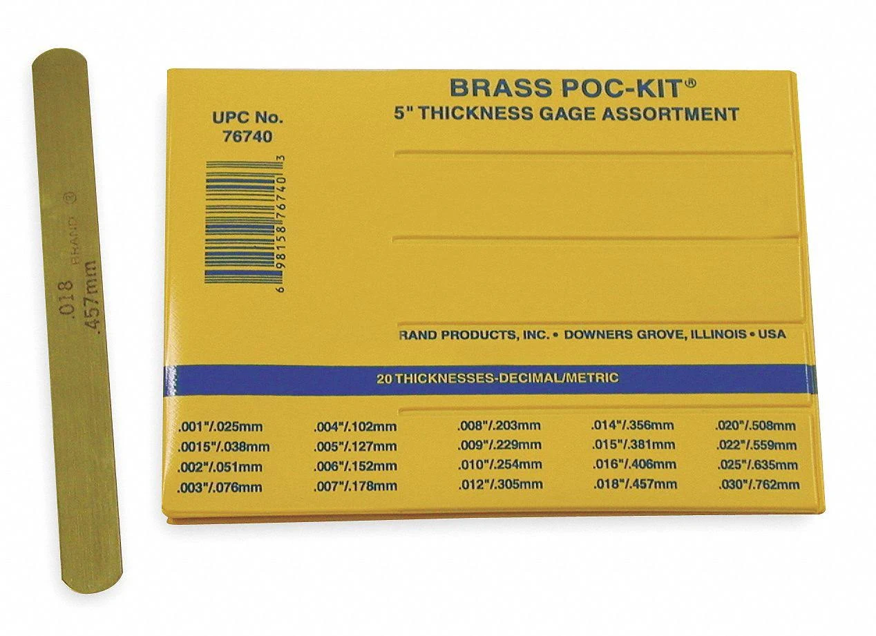 76740 Brass Thickness Feeler Gage Poc-Kit Assortment, 1/2&#034; Width, 5&#034; Length, 20 