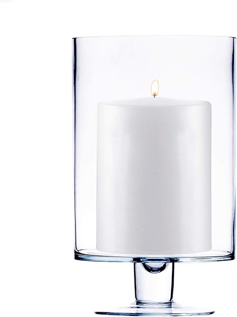 CYS EXCEL Glass Hurricane Pillar Candle Holder (H:10" W:6") | Multiple Size Choices Short Stem Candle Centerpieces | Stemmed Glass Cylinder Candle Vase