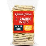 Canine Chews Small Rawhide Twists for Dogs - Pack of 100 5" Chicken Flavored Rawhide Sticks for Small Dogs & Puppies - Protein Dense Chicken Rawhide Twists - Natural Dog Rawhide Sticks