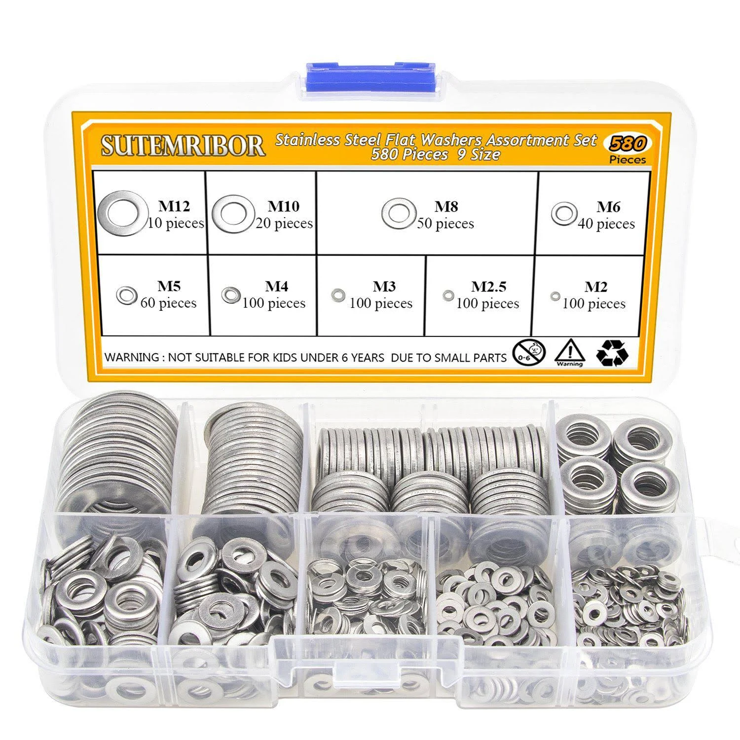 304 Stainless Steel Flat Washers Set 580 Pieces, 9 Sizes - M2 M2.5 M3 M4 M5 M6 M