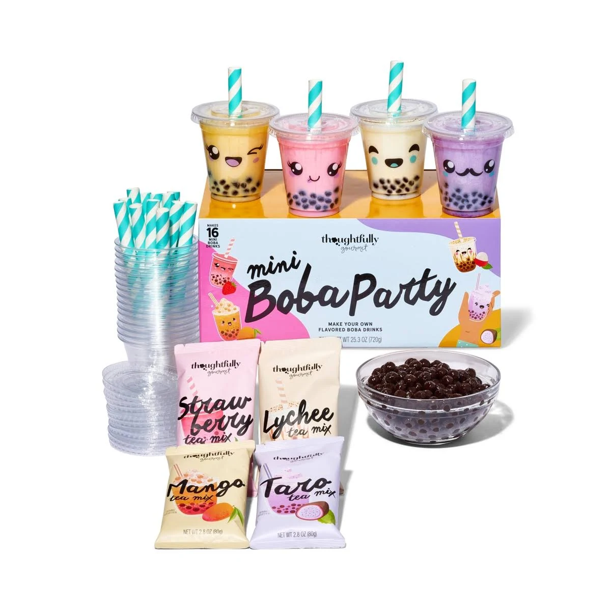 Thoughtfully Gourmet, Mini Boba Pearl Party Set, Makes 16 Tasting Portions of Bubble Tea, Includes 2 Flavors, Cups, Lids, Straws, & Cup Stickers