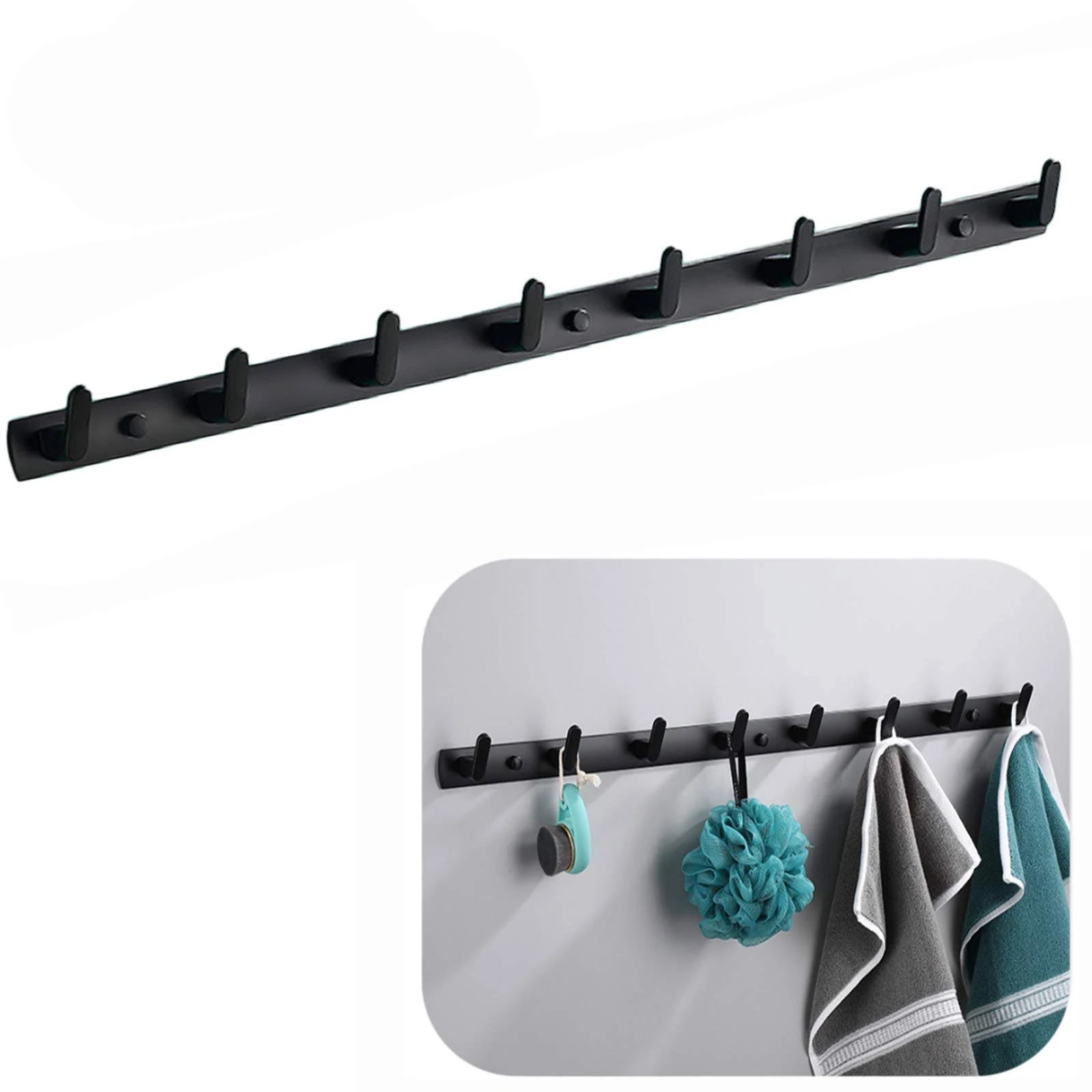 Wall Mounted Coat Racks with 8 Hooks Hanging Holder Towel Rack 29.7"x1.3" Modern Black Hanging for Clothes Entryway Bathroom (8 Hooks)