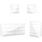 4pc Set with 2 Nightstands 1 Double Dresser and 1 Chest in White Gloss