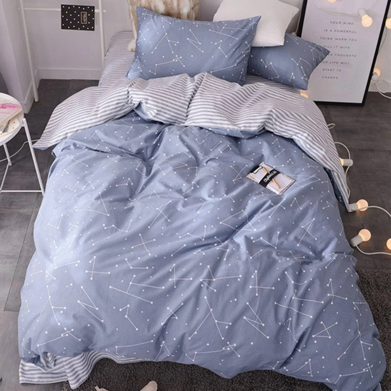 HighBuy Soft Cotton Twin Duvet Cover Blue Constellation Twin Size Bedding Sets Aesthetic Galaxy Reversible Stripe Comforter Cover,3 Piece Kids Teens Planet Bed Twin,Comfortable,Zipper Ties