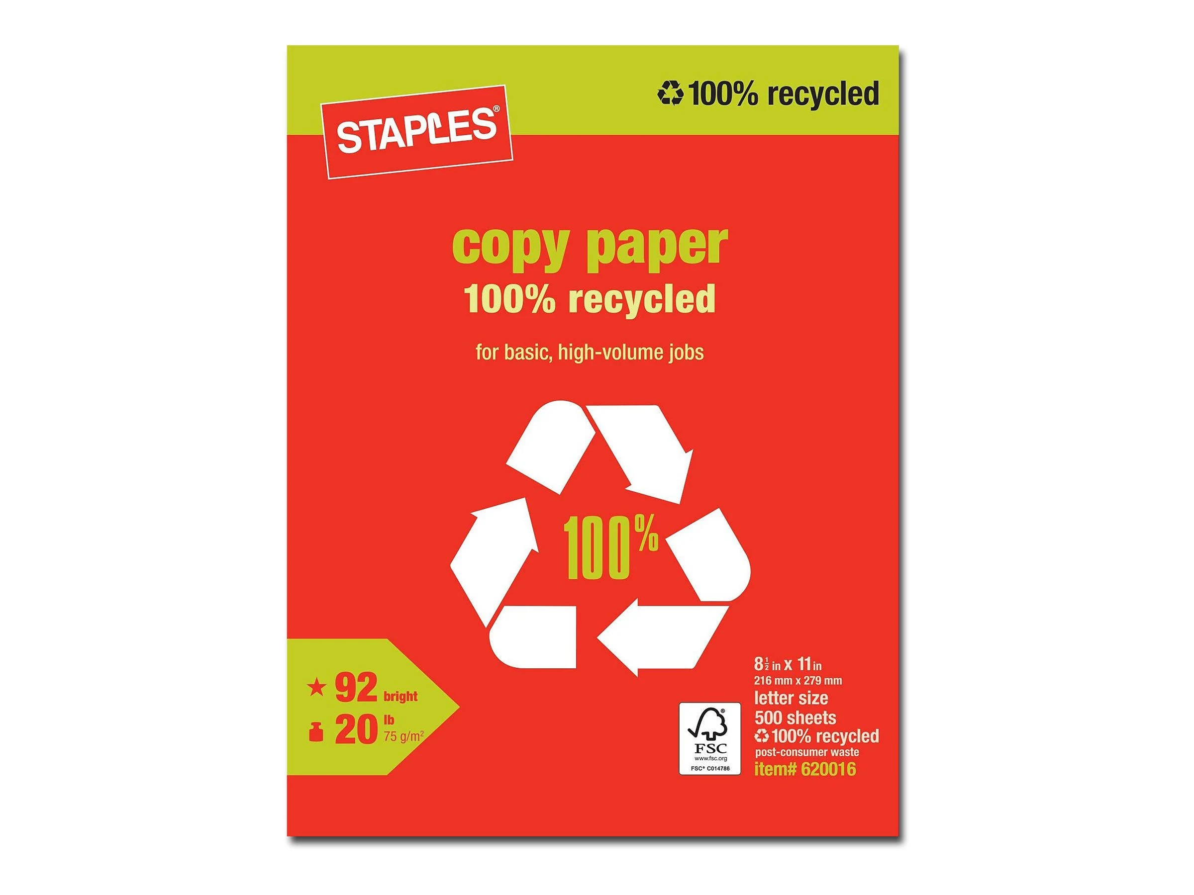 Staples 100% Recycled Copy Paper 8 1/2&#034; x 11&#034; Ream 620016