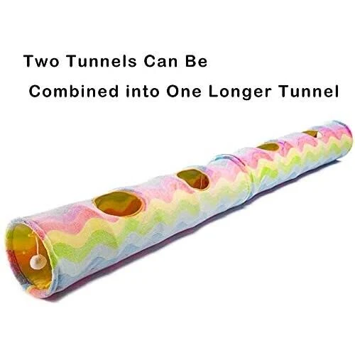 LUCKITTY Cat Tunnel -Straight-Shaped, Rainbow Wave Color, Soft Velvet Exterior, Oxford Fabric Fog-Proof Interior, Plush Toy Ball, Easily Washable, Conveniently Foldable, 47.2in/120cm